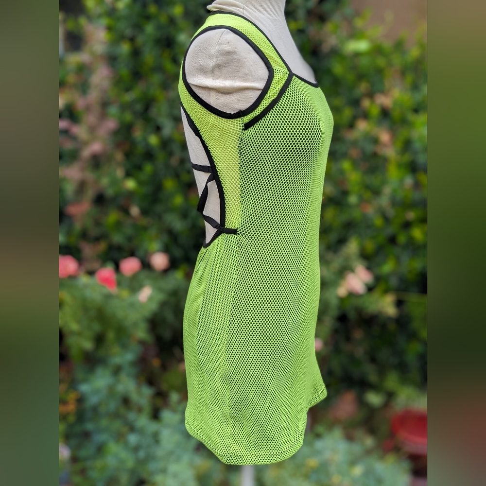 Vintage Lip Service Neon Lime Green Cyber Mesh Fishnet GoGo Mini Dress